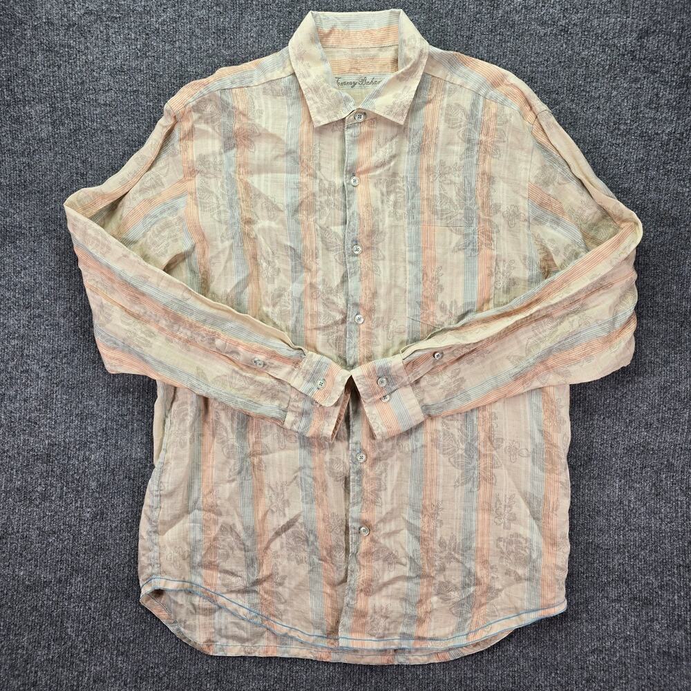 Tommy Bahama Shirt Mens Medium 100% Linen Button Up Striped Tropical Long Sleeve